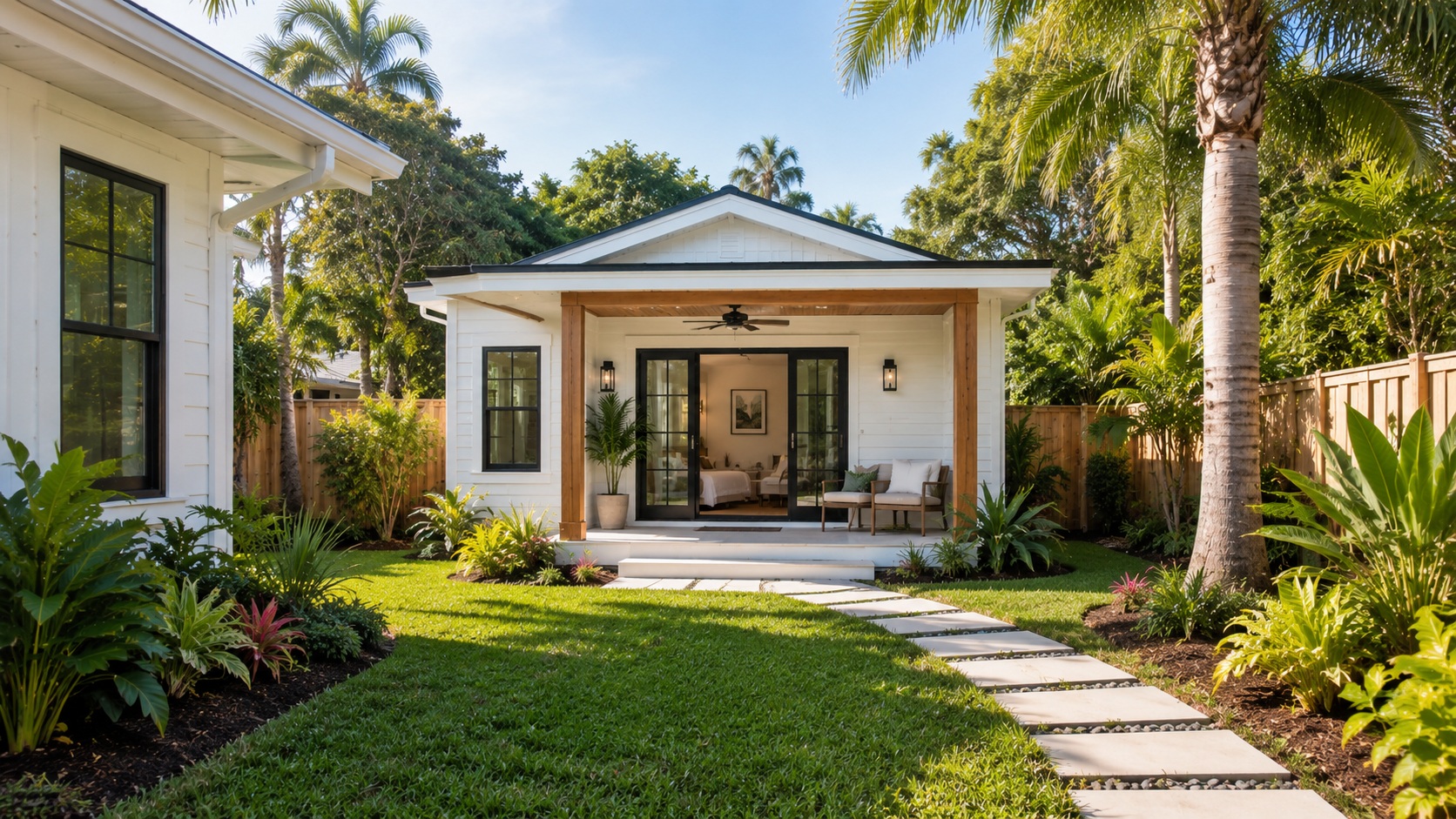 Detached St. Petersburg style ADU with covered porch, lush tropical landscaping, and warm modern coastal detailing