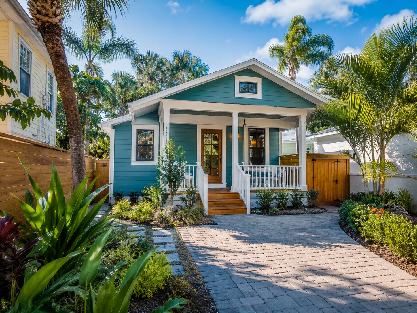 Colorful detached cottage style ADU in a St. Petersburg backyard with lush tropical landscaping