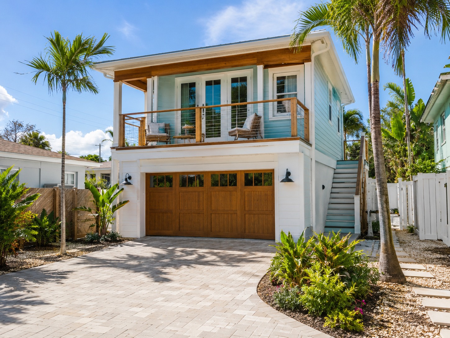 Two story St. Petersburg style ADU with garage below, light blue coastal siding, and tropical landscaping