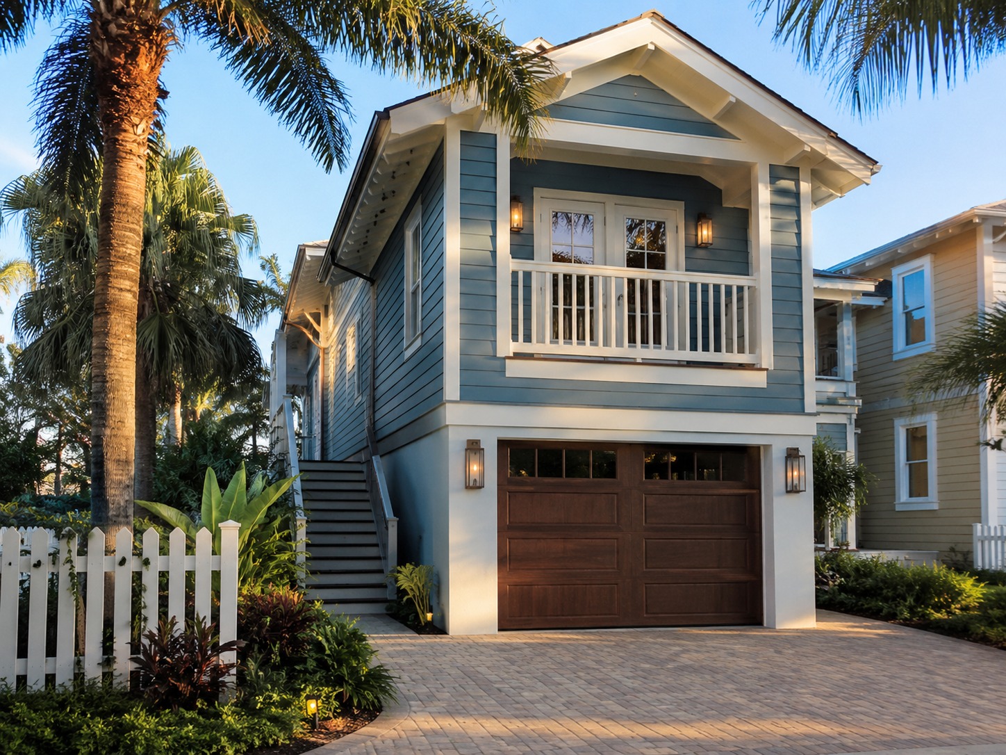 Two story ADU with garage below, front balcony, and coastal colors in a palm-lined Florida setting