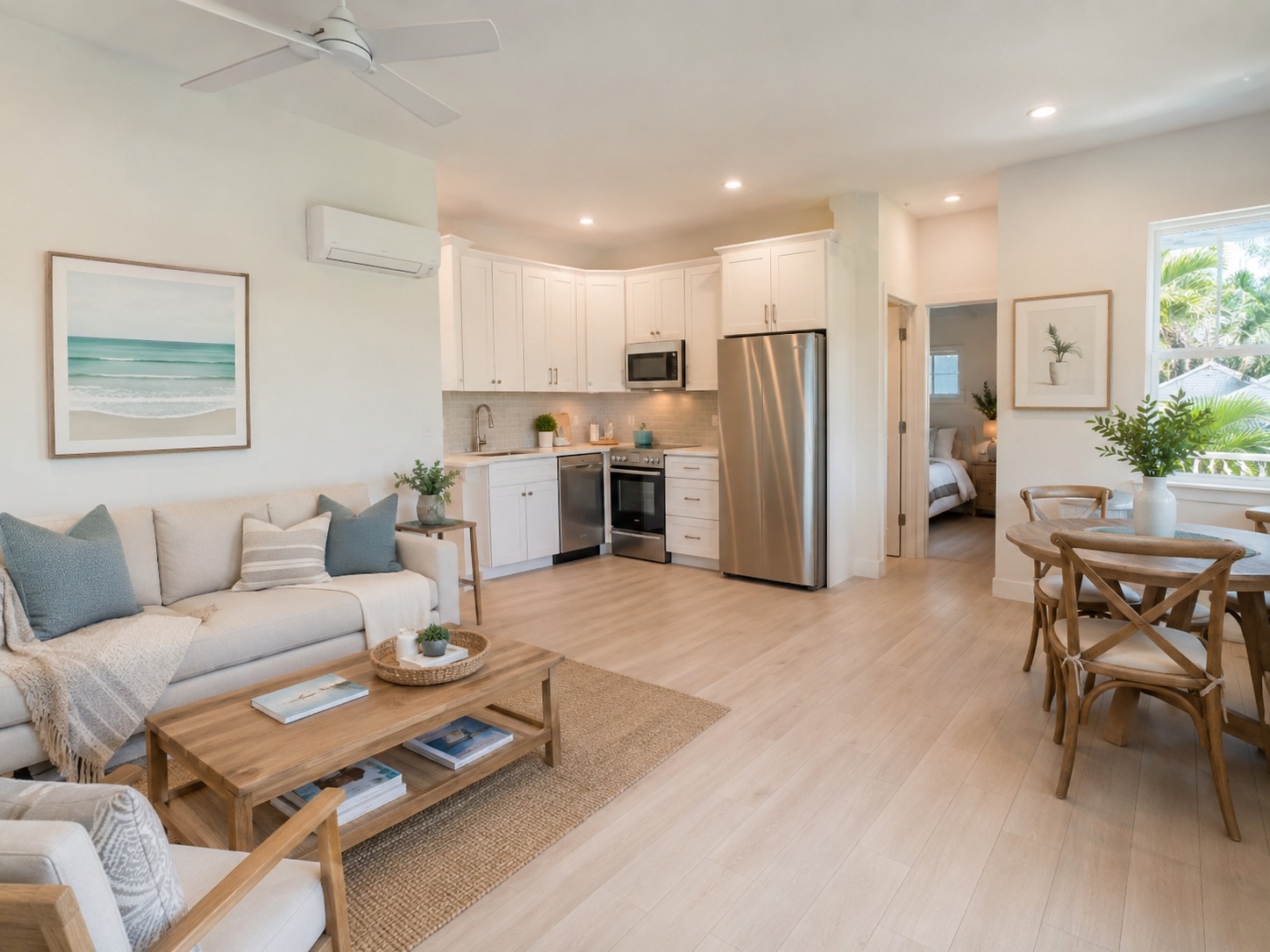 Bright modern coastal ADU interior with open plan living area, kitchenette, and dining nook
