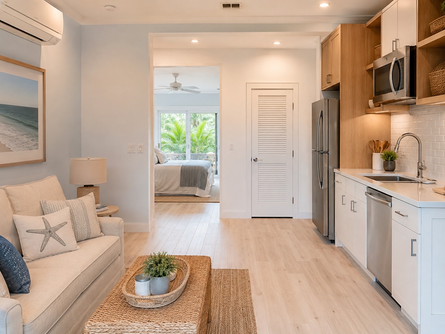 Bright coastal studio ADU interior with kitchenette bedroom and tropical view