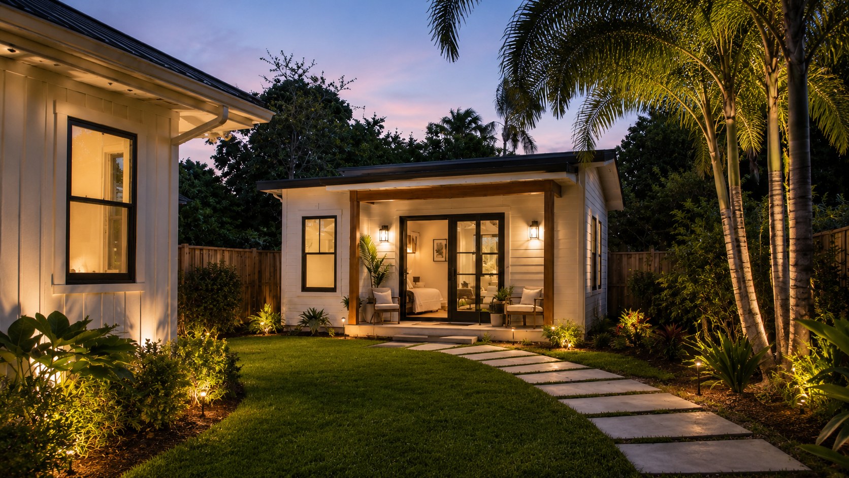 Detached backyard guest house ADU with warm evening lighting and tropical landscaping