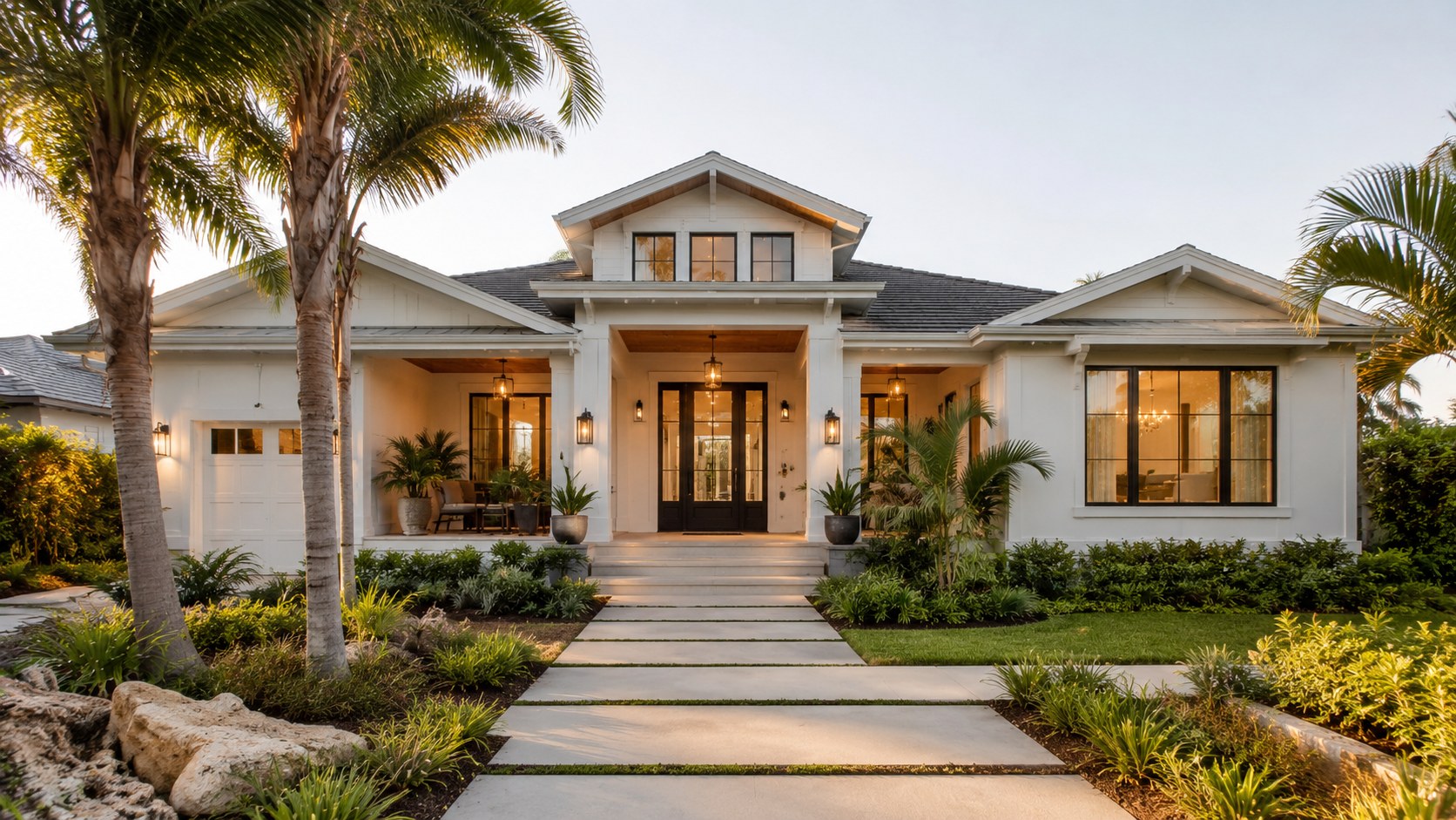 Modern coastal custom home with tropical landscaping at dusk