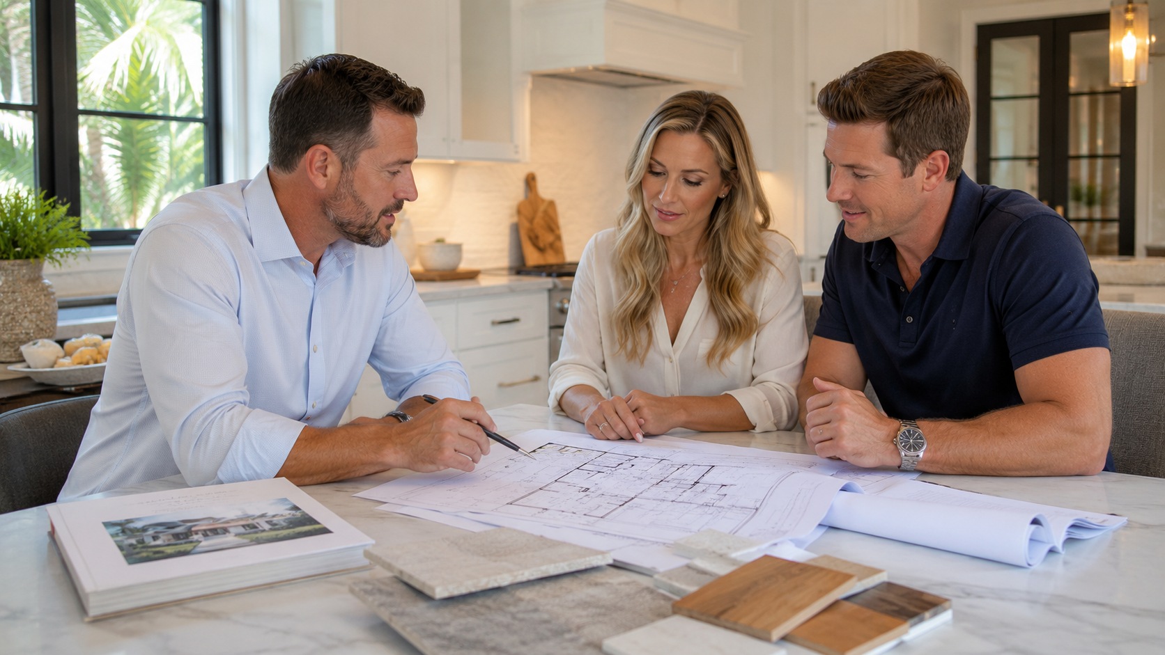 Design consultation with homeowners reviewing architectural plans and finish samples in a bright Florida kitchen