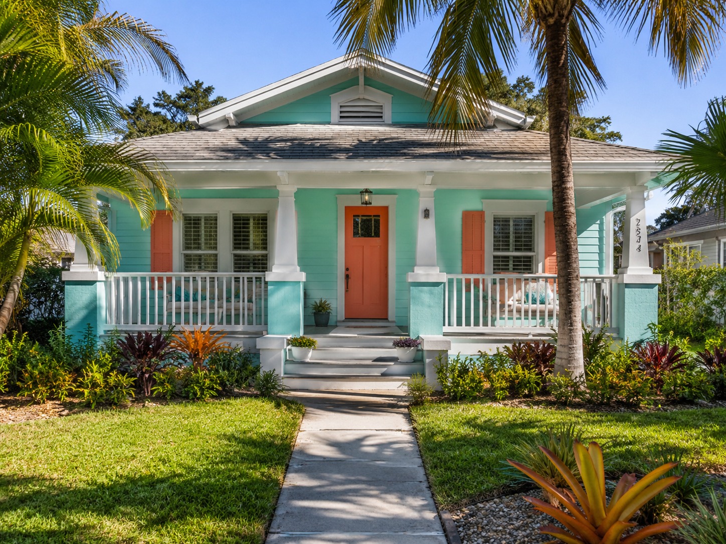 Sunny residential front porch home with Florida tropical landscaping