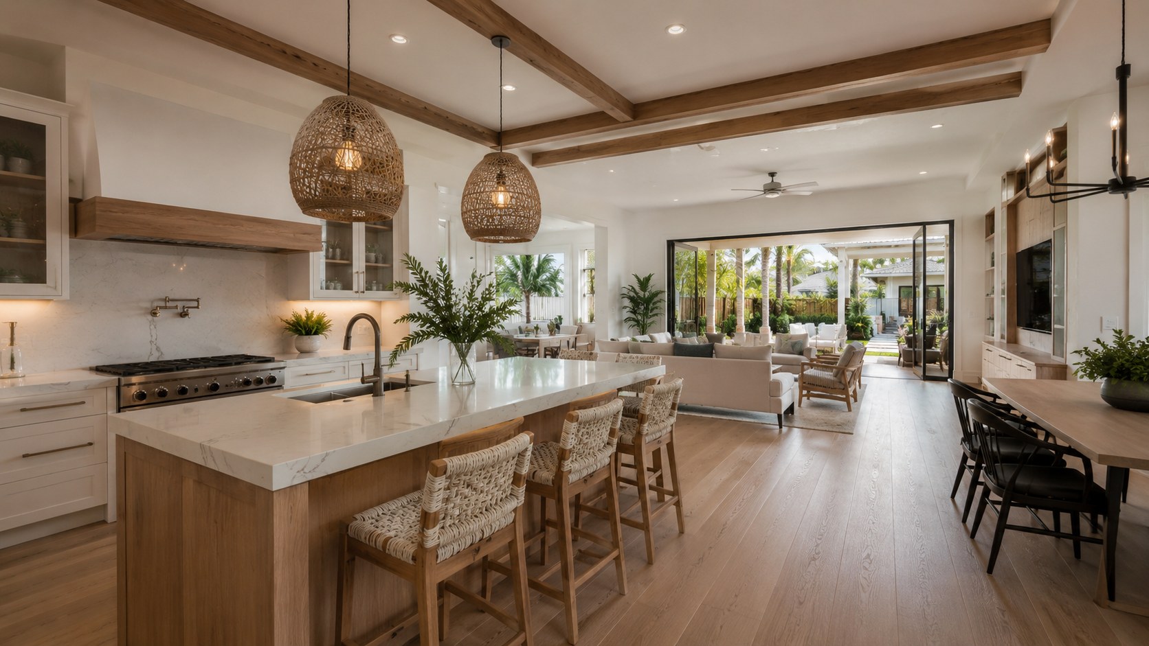 Modern coastal open plan kitchen and living space remodel