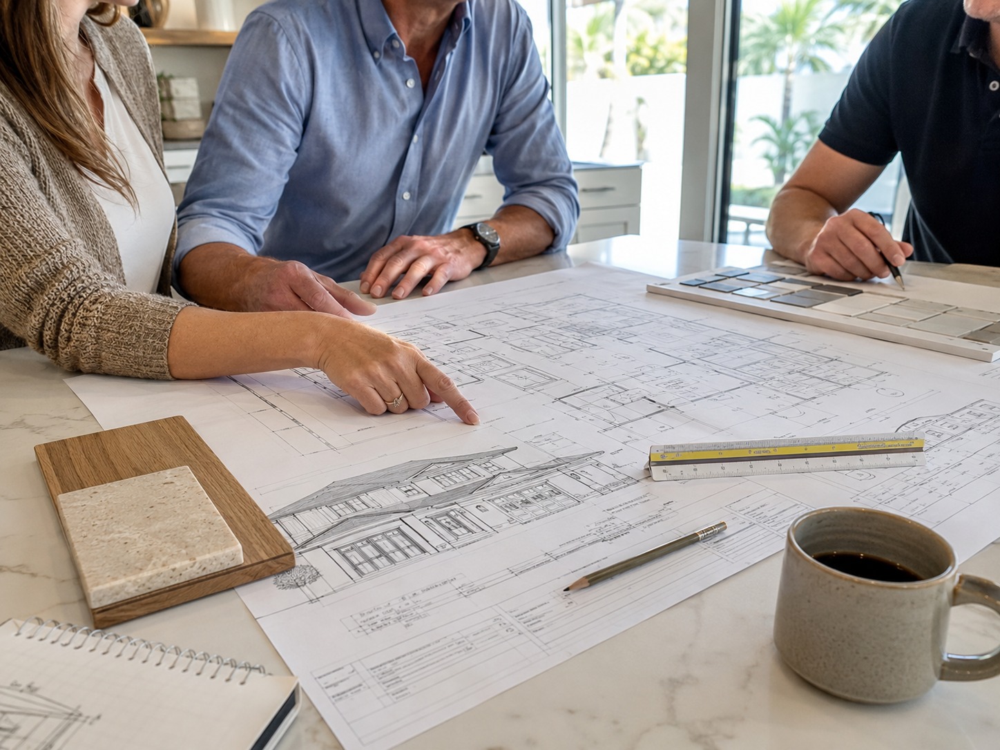 Architectural plans on a table with material samples during a residential design consultation