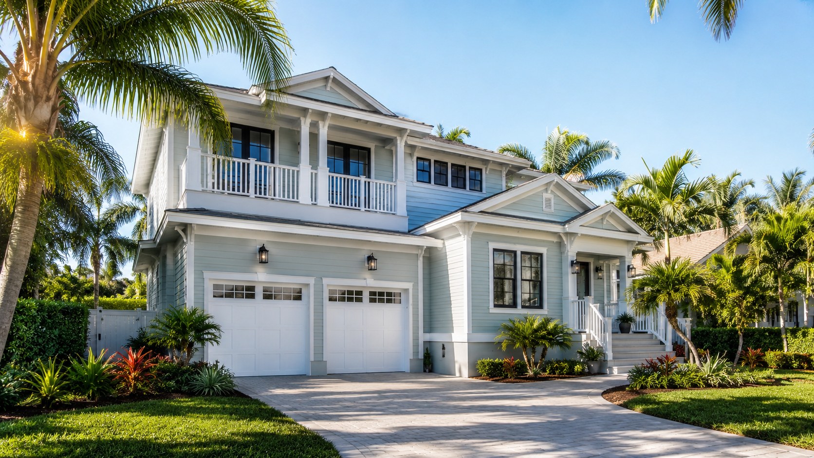Colorful two story light blue coastal home with garages and tropical landscaping
